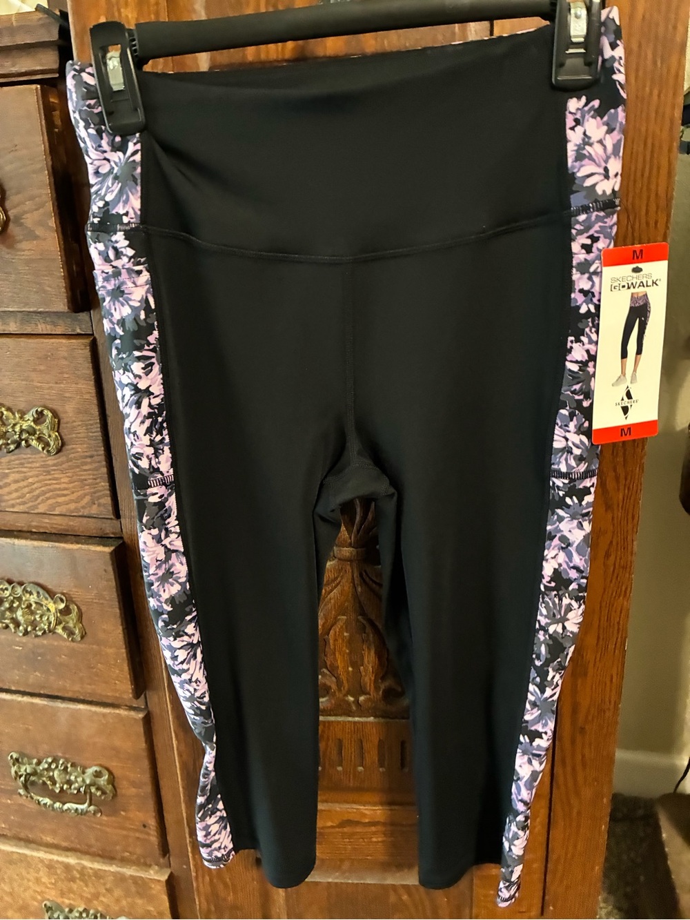 Skechers Black Capri Leggings with Purple Floral Side Panels